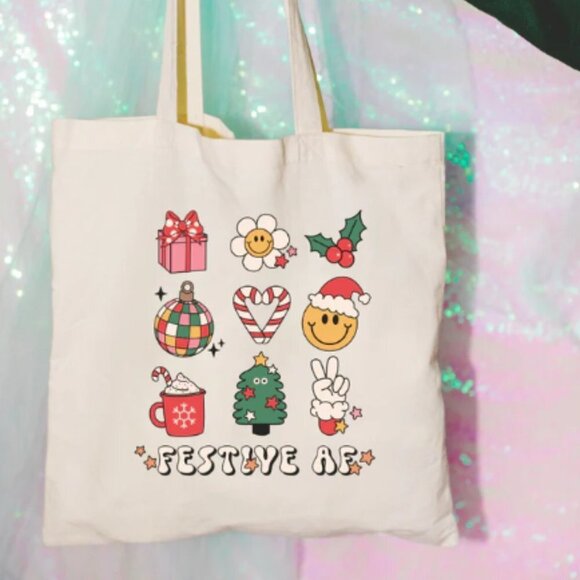 Festive AF Christmas NEW tan tote bag - Picture 2 of 2